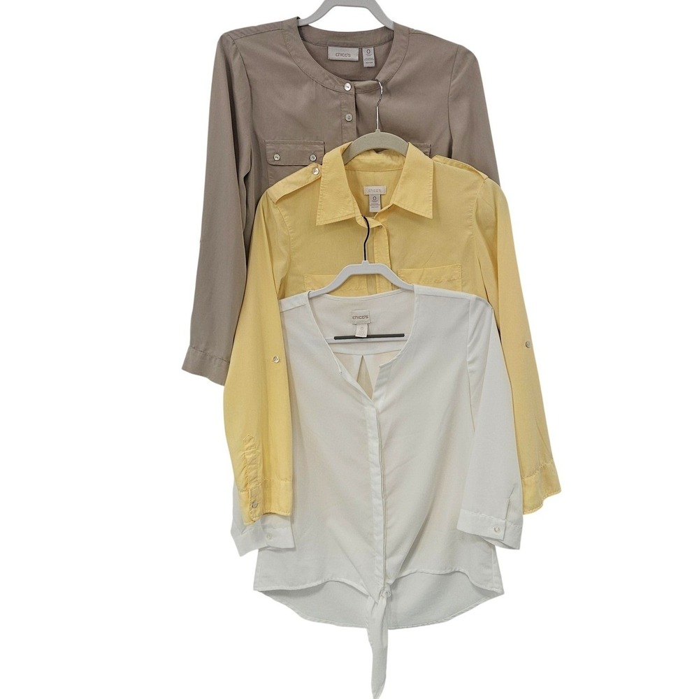 Chico's Shirt Lot Women 0 S Button Up White Tan Blouses Preppy Work Minimalist‎